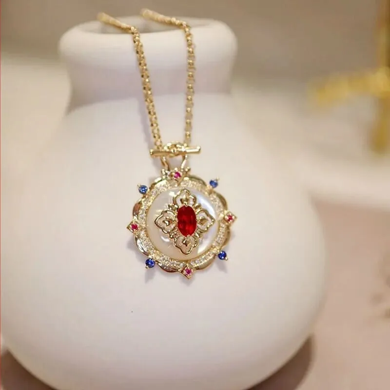 Retro Red Crystal Natural White Shell Stone Pendant Necklace