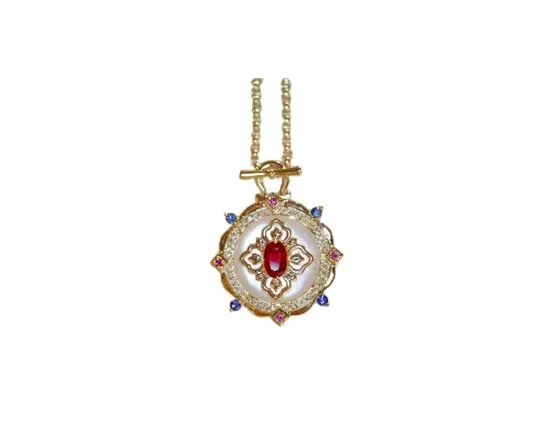 Retro Red Crystal Natural White Shell Stone Pendant Necklace