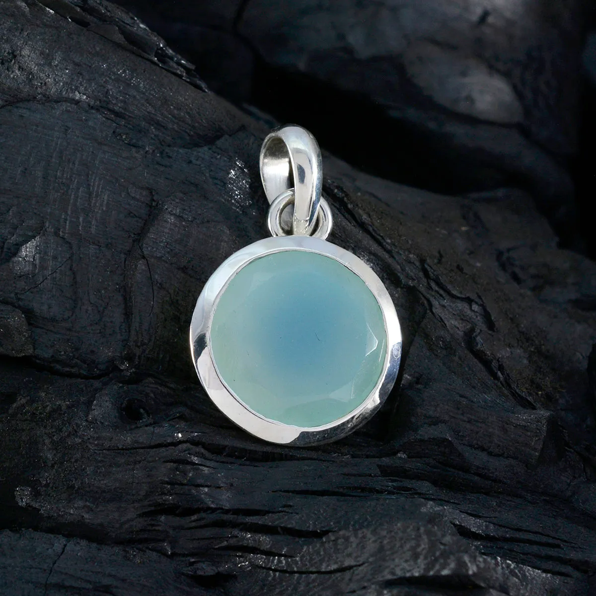 Riyo Aesthetic Gemstone Round Faceted Aqua Aqua Chalcedony Sterling Silver Pendant Gift For Women