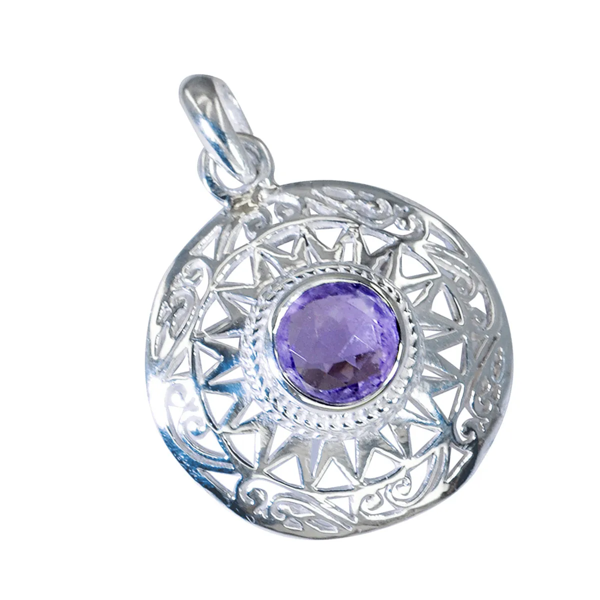 Riyo Aesthetic Gemstone Round Faceted Purple Amethyst 1002 Sterling Silver Pendant Gift For Good Friday