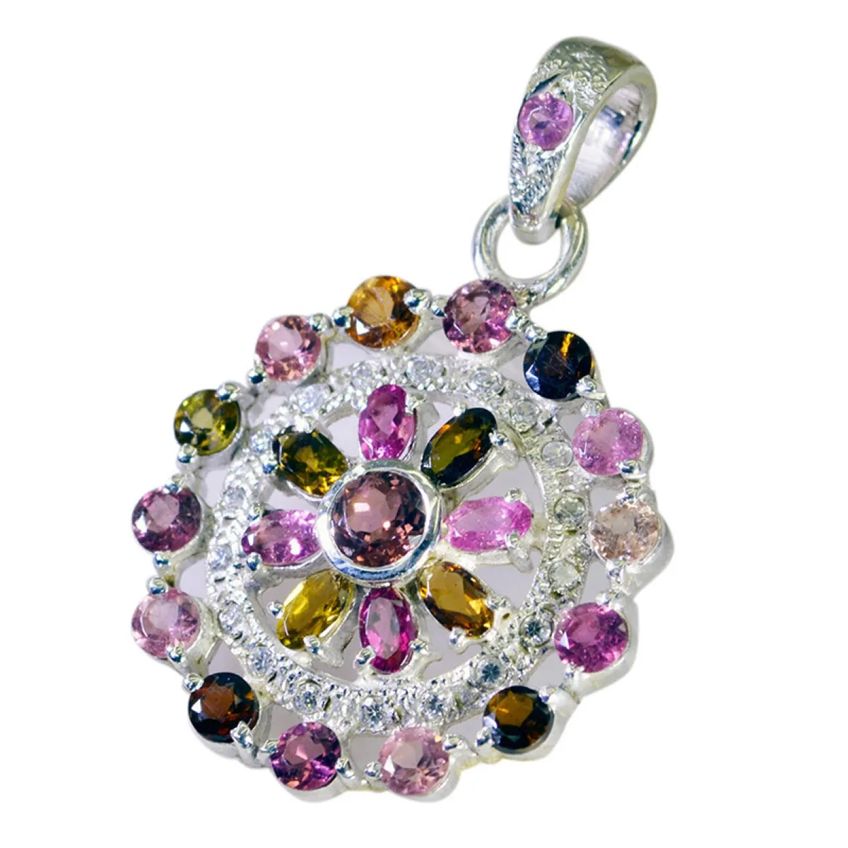 Riyo Elegant Gems Oval Faceted Multi Color Tourmaline Silver Pendant Gift For Sister