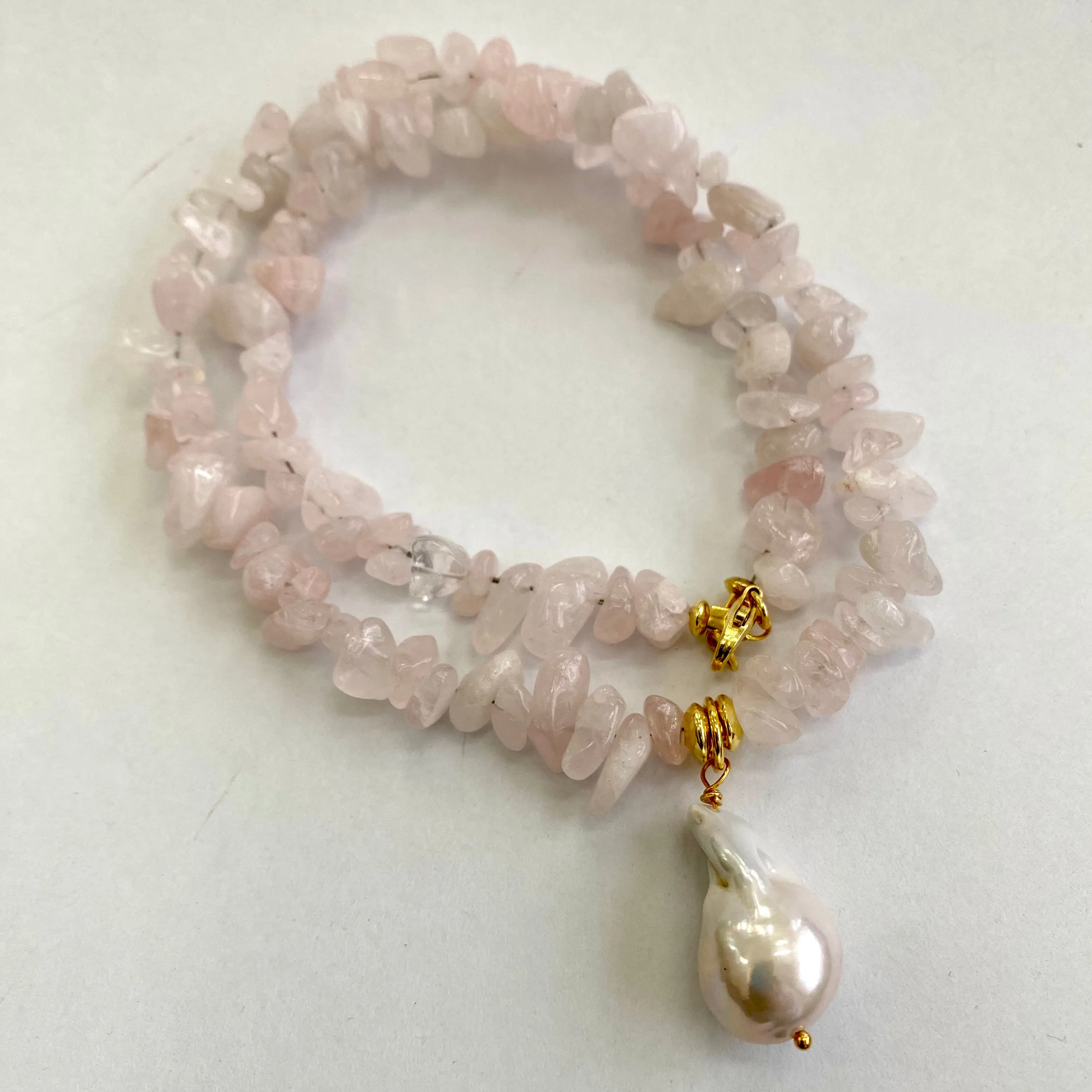 Rose Quartz Necklace & White Baroque Pearl Pendant, Soft Pink Necklace, January Birthstone, 19.5inches