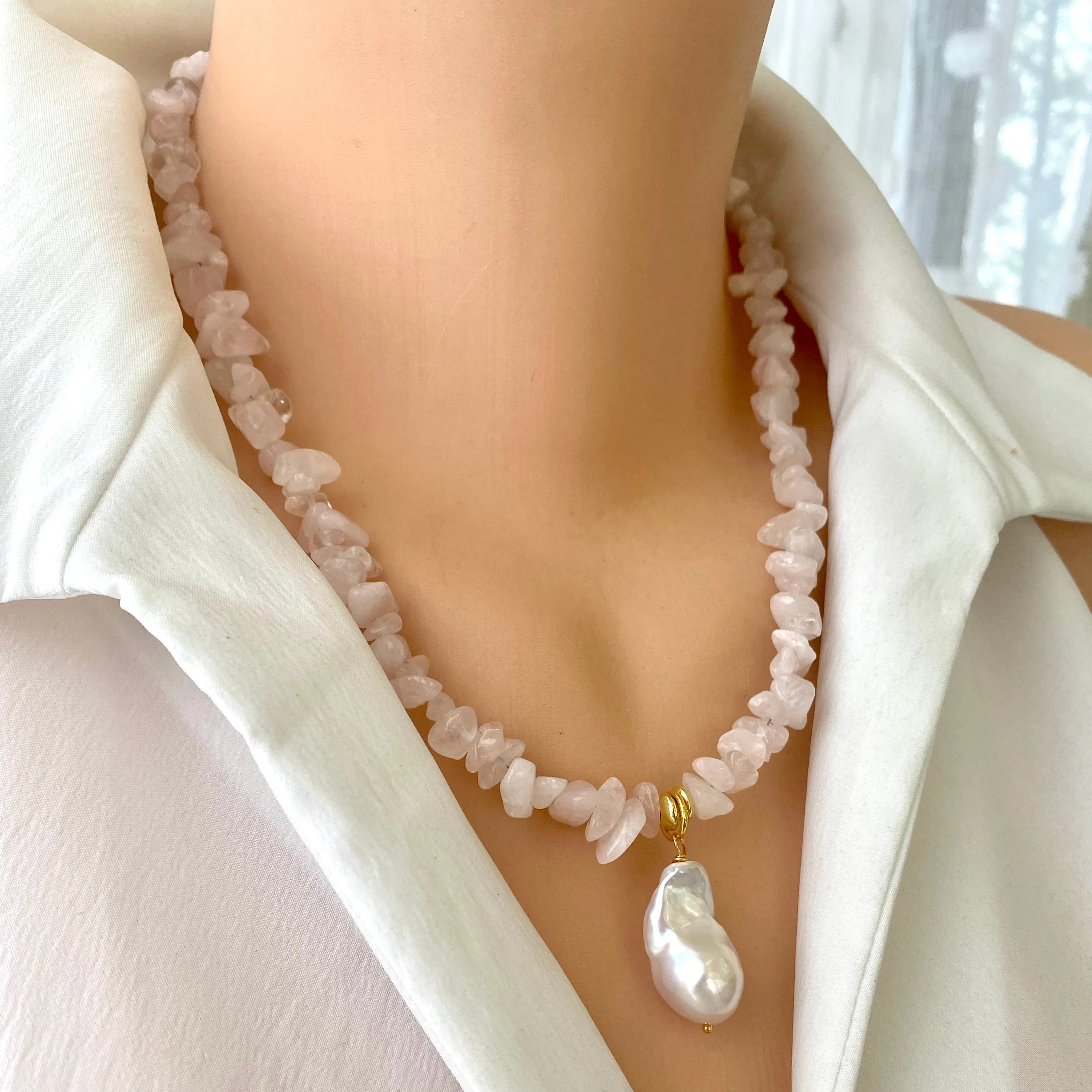 Rose Quartz Necklace & White Baroque Pearl Pendant, Soft Pink Necklace, January Birthstone, 19.5inches