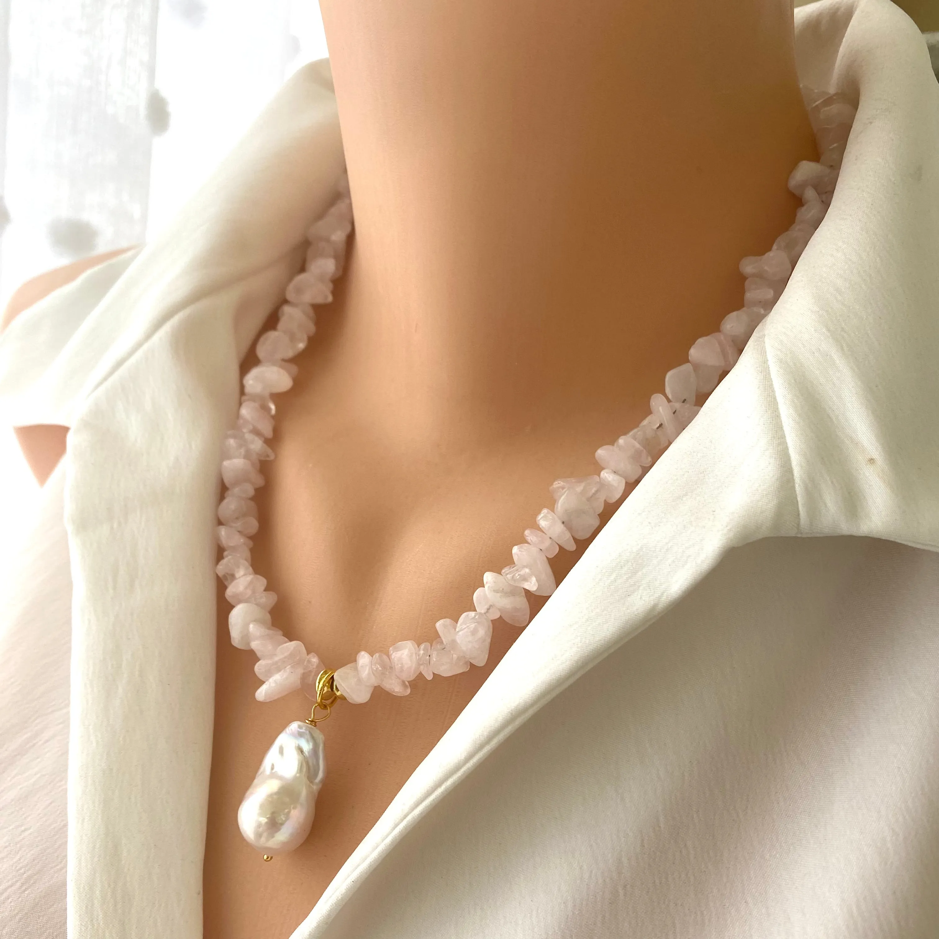 Rose Quartz Necklace & White Baroque Pearl Pendant, Soft Pink Necklace, January Birthstone, 19.5inches