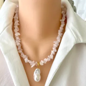 Rose Quartz Necklace & White Baroque Pearl Pendant, Soft Pink Necklace, January Birthstone, 19.5inches