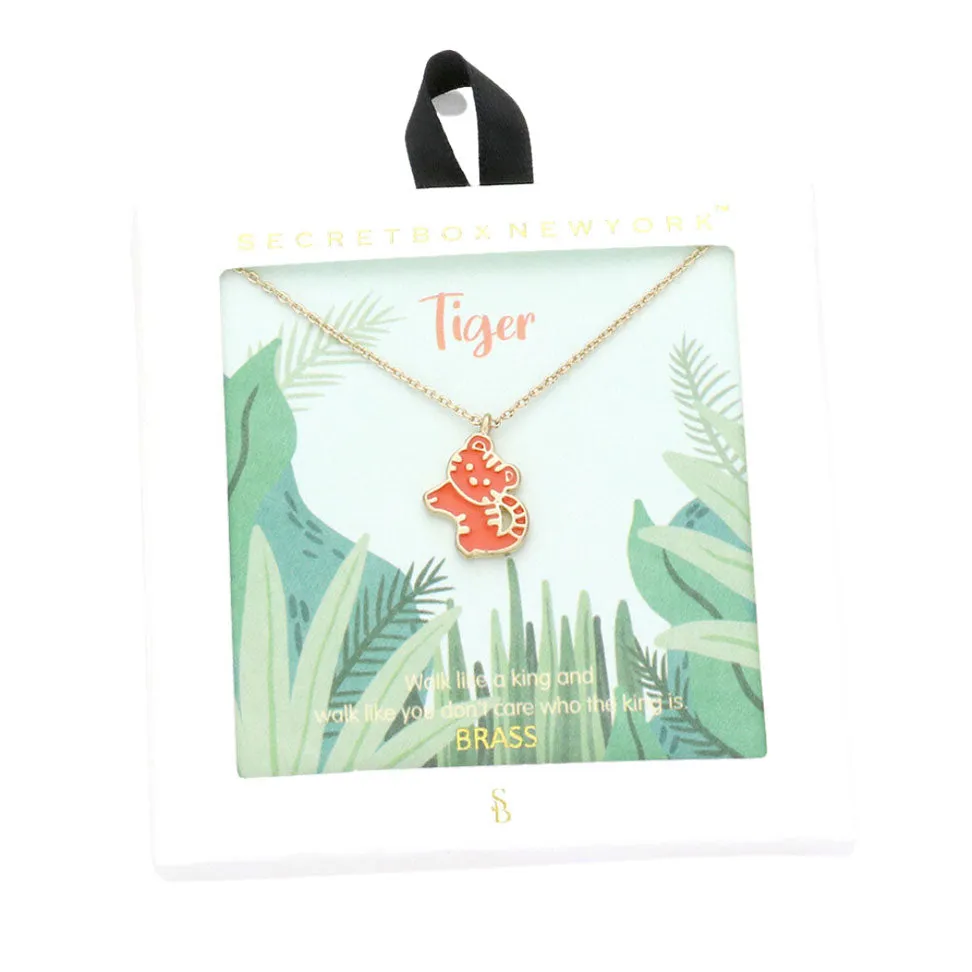 Secret Box Brass Metal Enamel Tiger Pendant Necklace