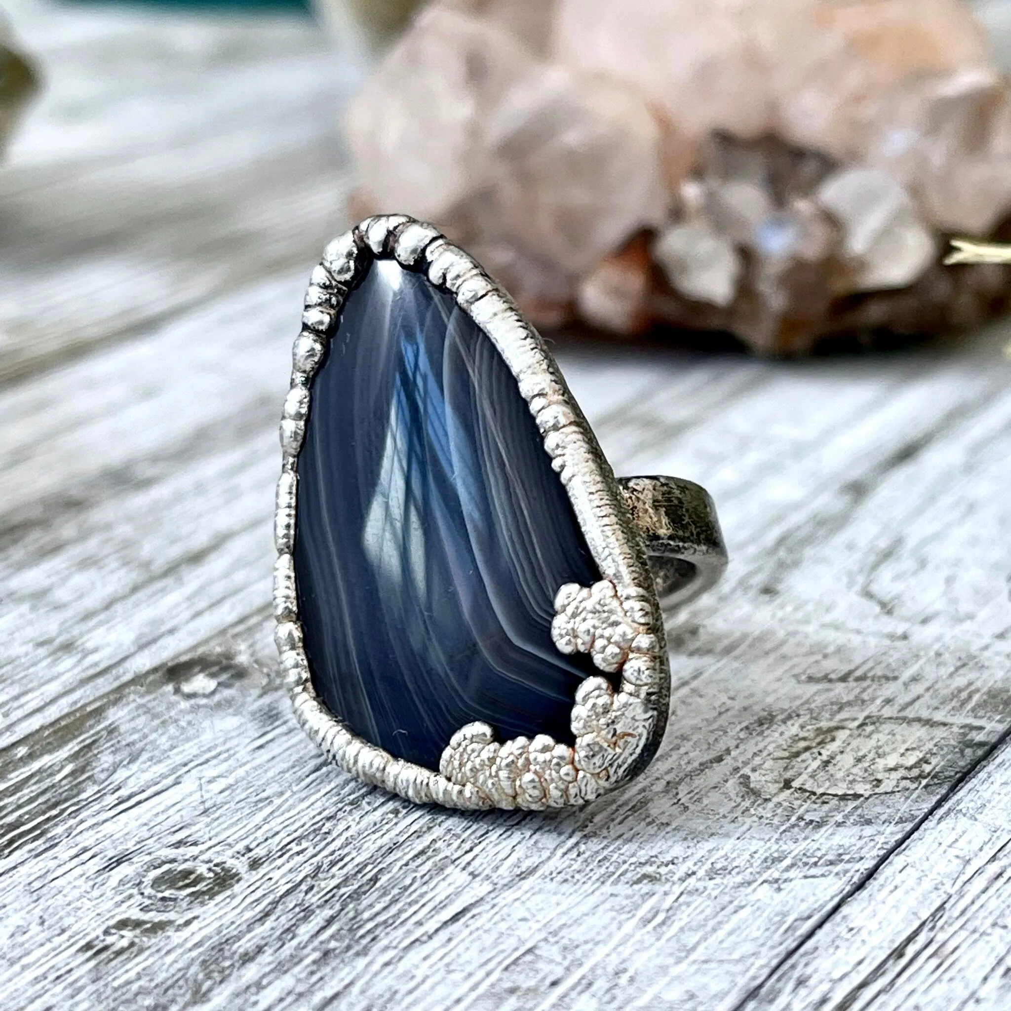 Size 6 Botswana Agate Statement Ring Set in Fine Silver / Foxlark Collection - One of a Kind