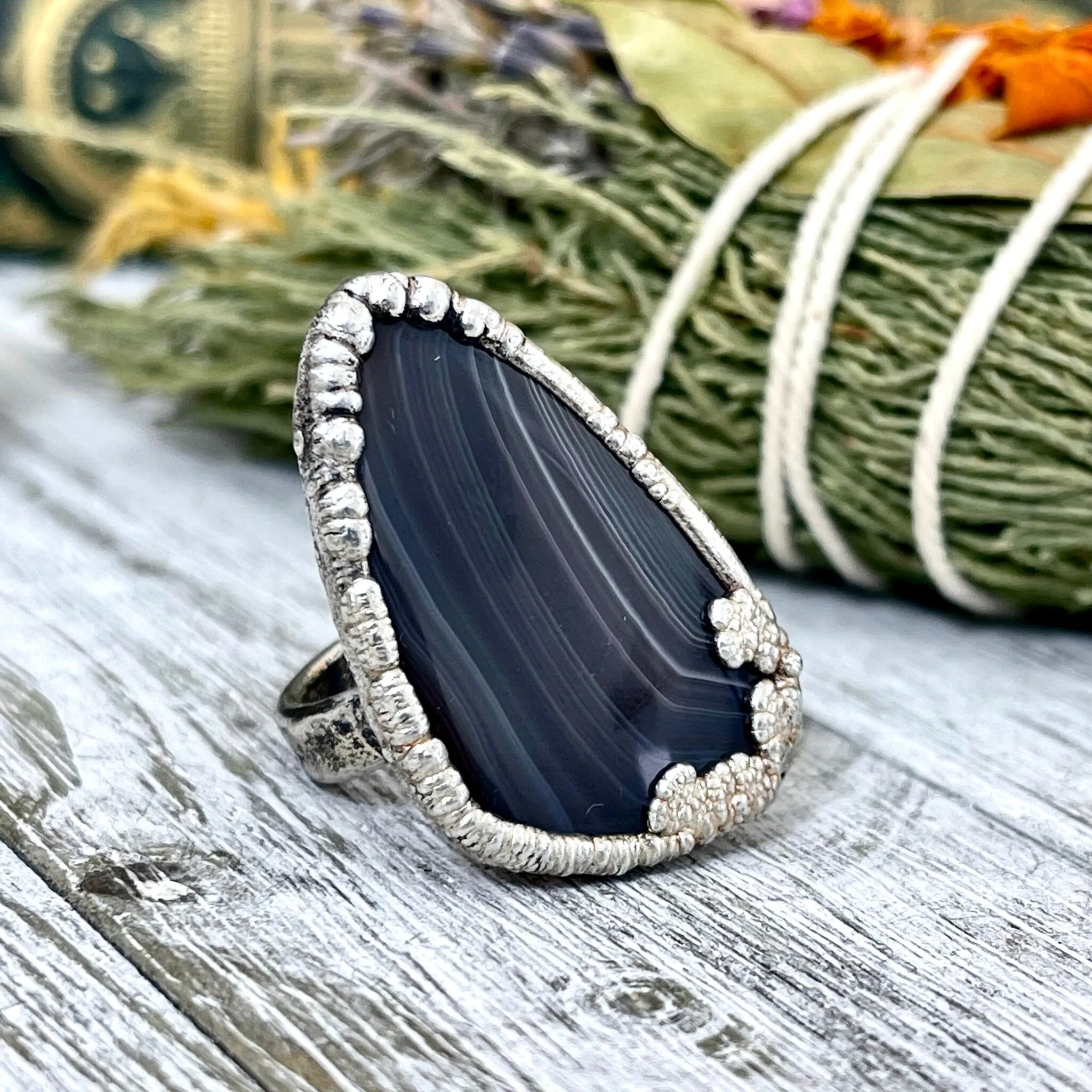 Size 6 Botswana Agate Statement Ring Set in Fine Silver / Foxlark Collection - One of a Kind