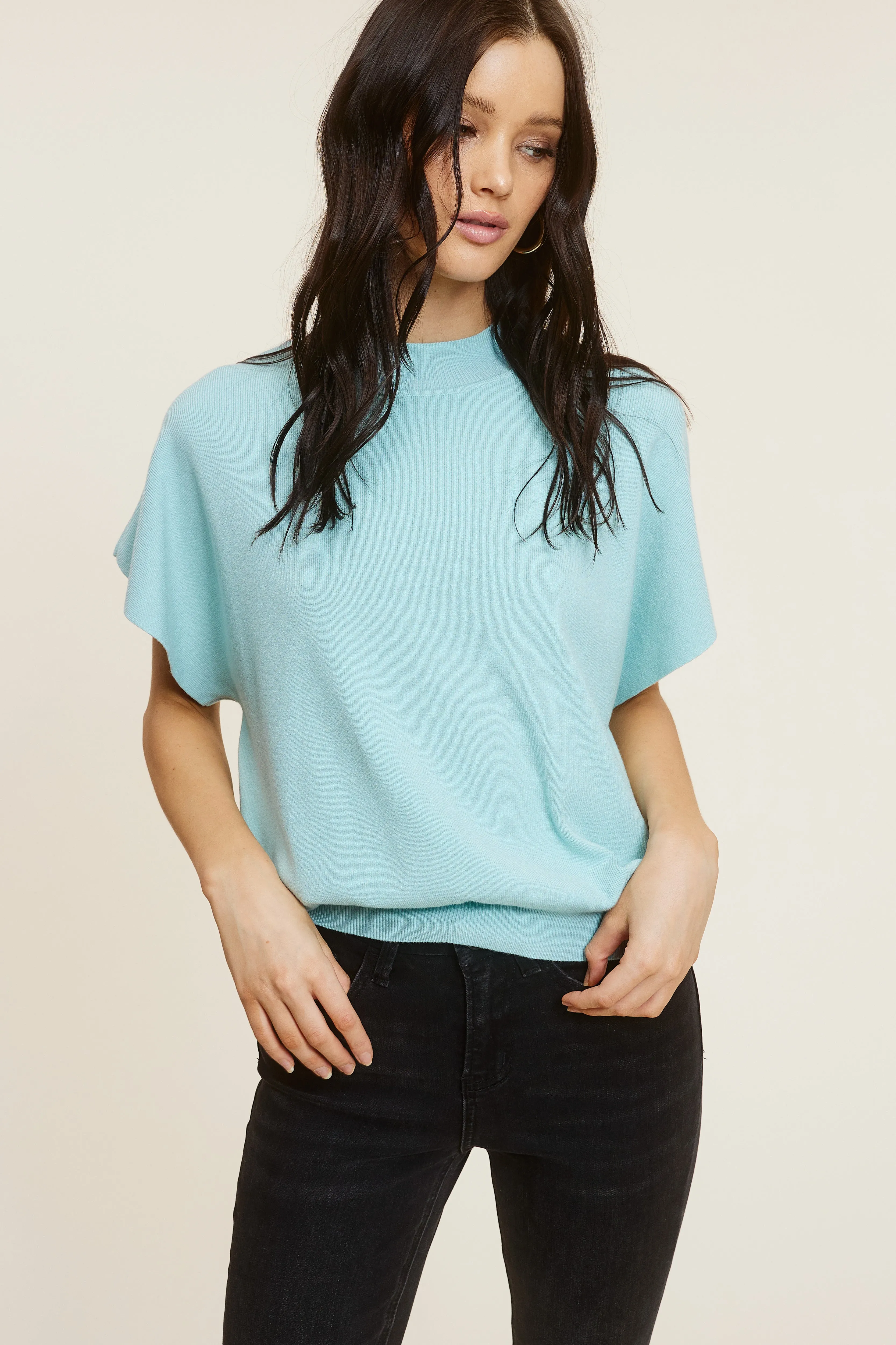 Sky Blue Mock Neck Short Sleeve