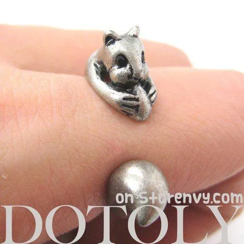 Squirrel Chipmunk With Acorn Animal Wrap Around Ring in Silver | US Sizes 5 to 9