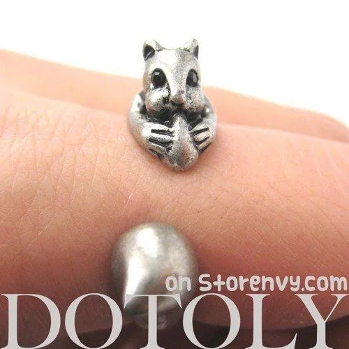 Squirrel Chipmunk With Acorn Animal Wrap Around Ring in Silver | US Sizes 5 to 9