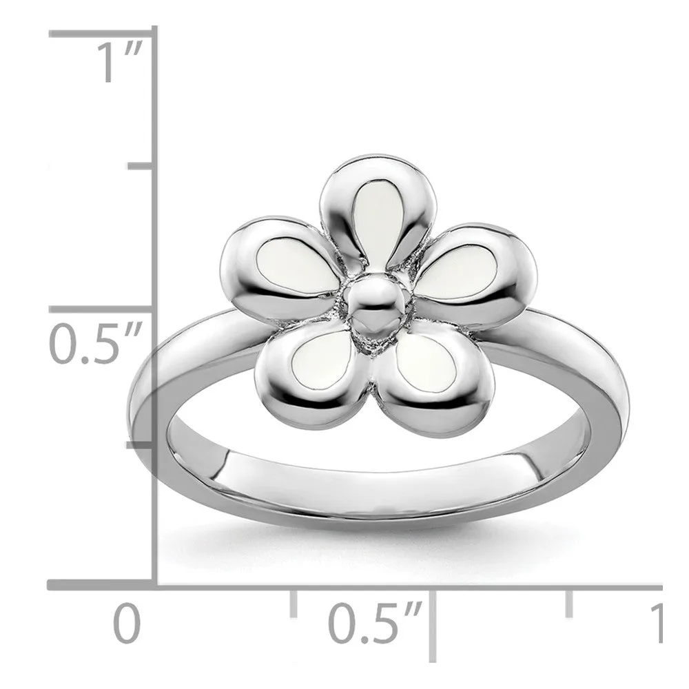 Stackable Expressions Polished White Enameled Flower Ring in Sterling Silver