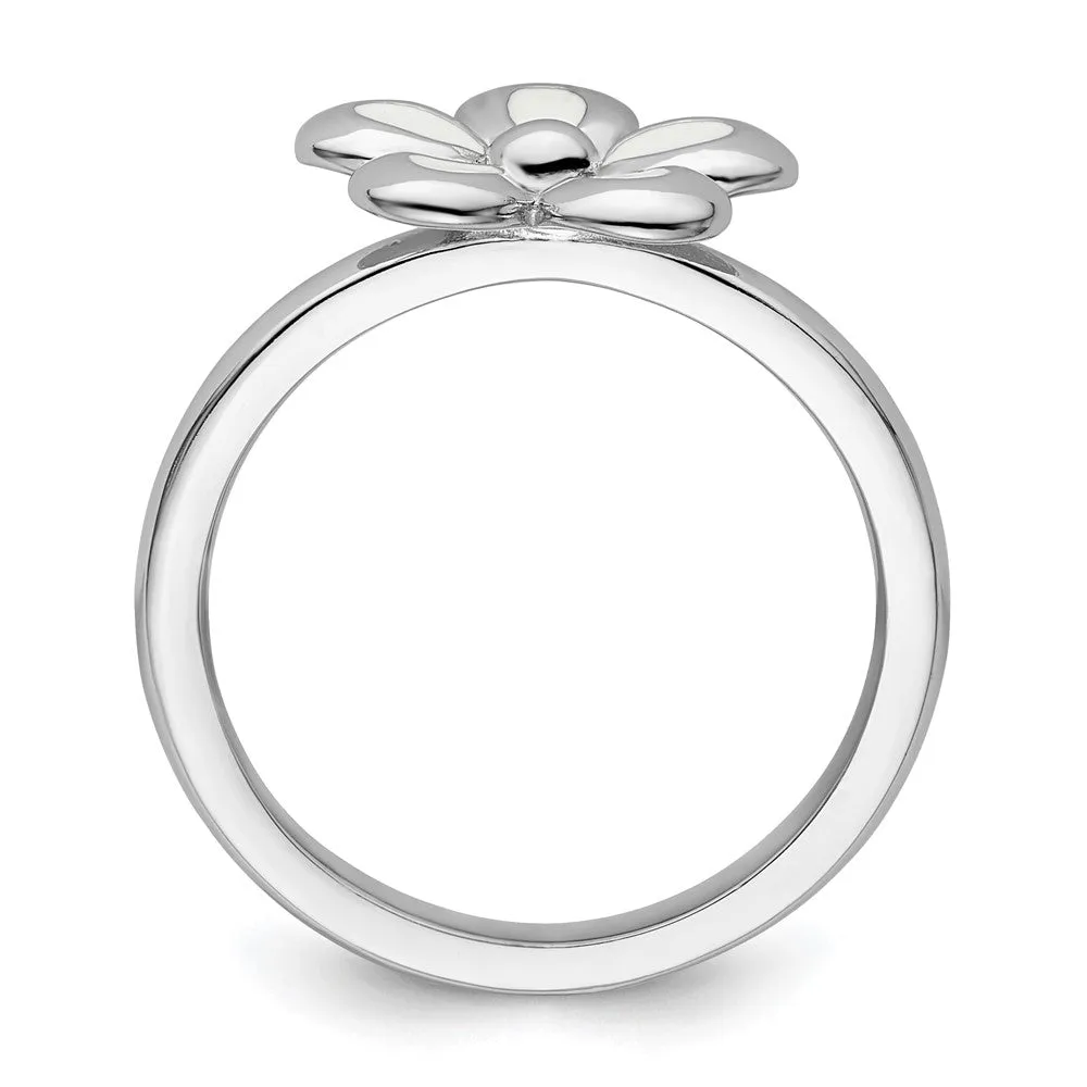 Stackable Expressions Polished White Enameled Flower Ring in Sterling Silver