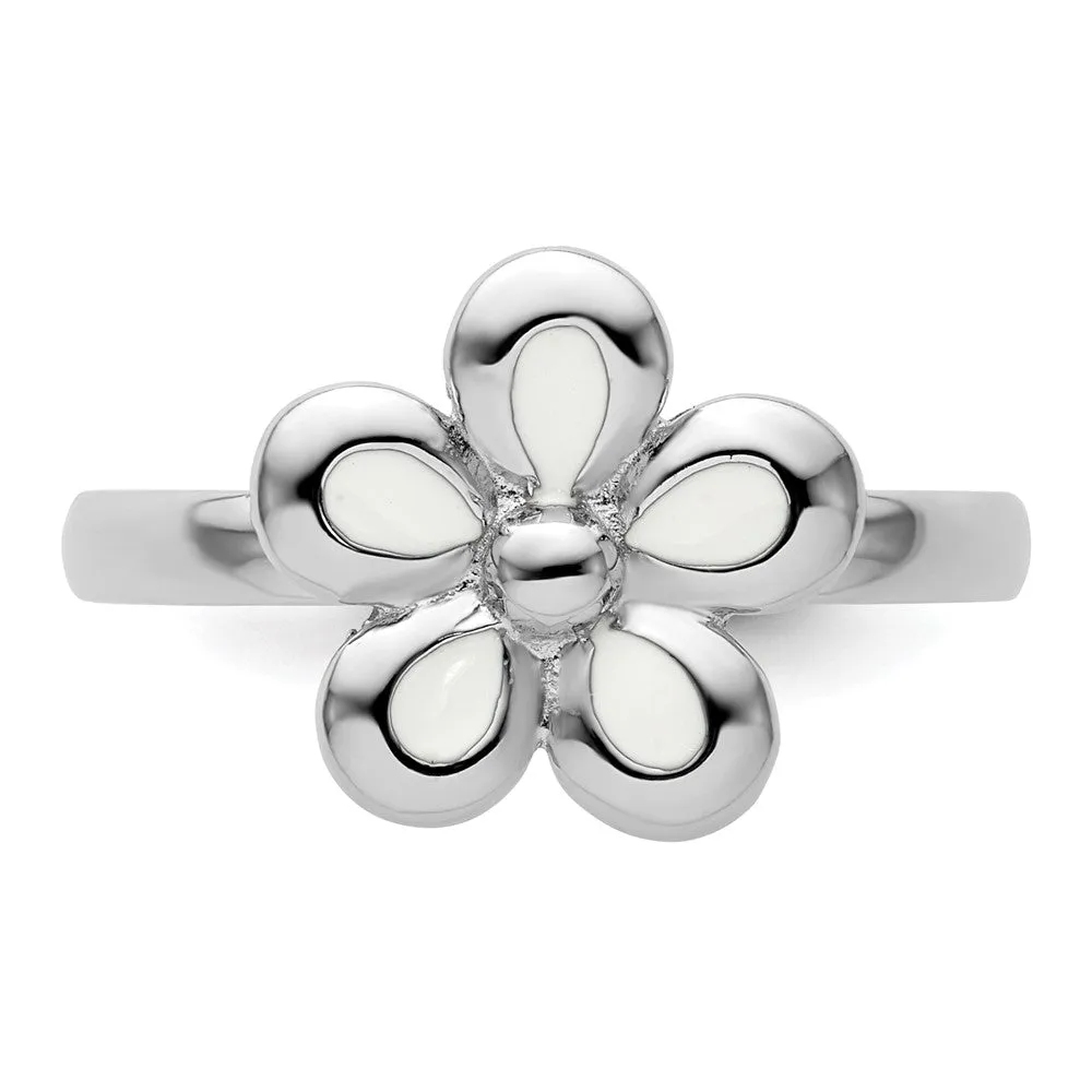 Stackable Expressions Polished White Enameled Flower Ring in Sterling Silver