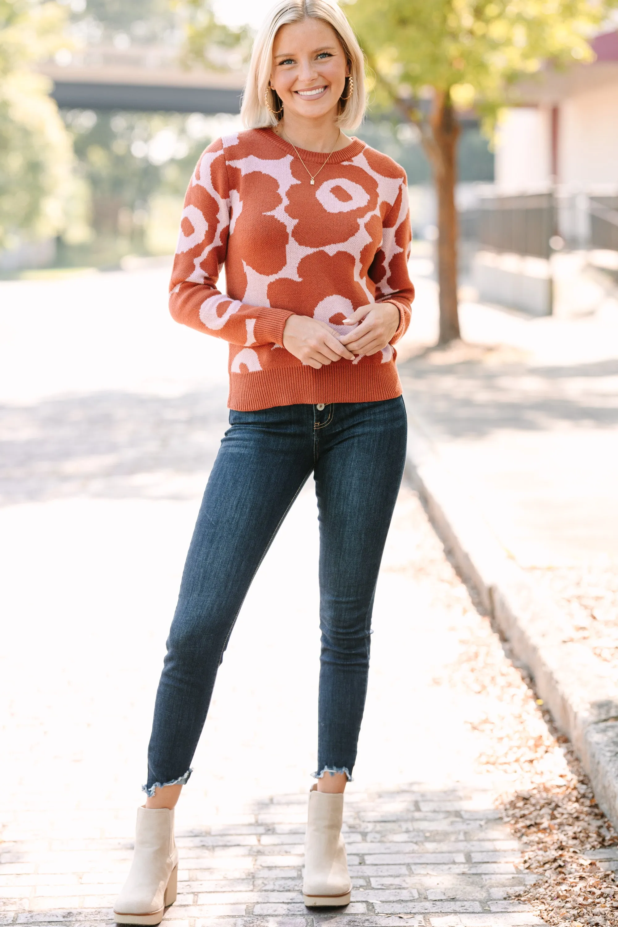 Stay Right There Brick Orange Floral Sweater