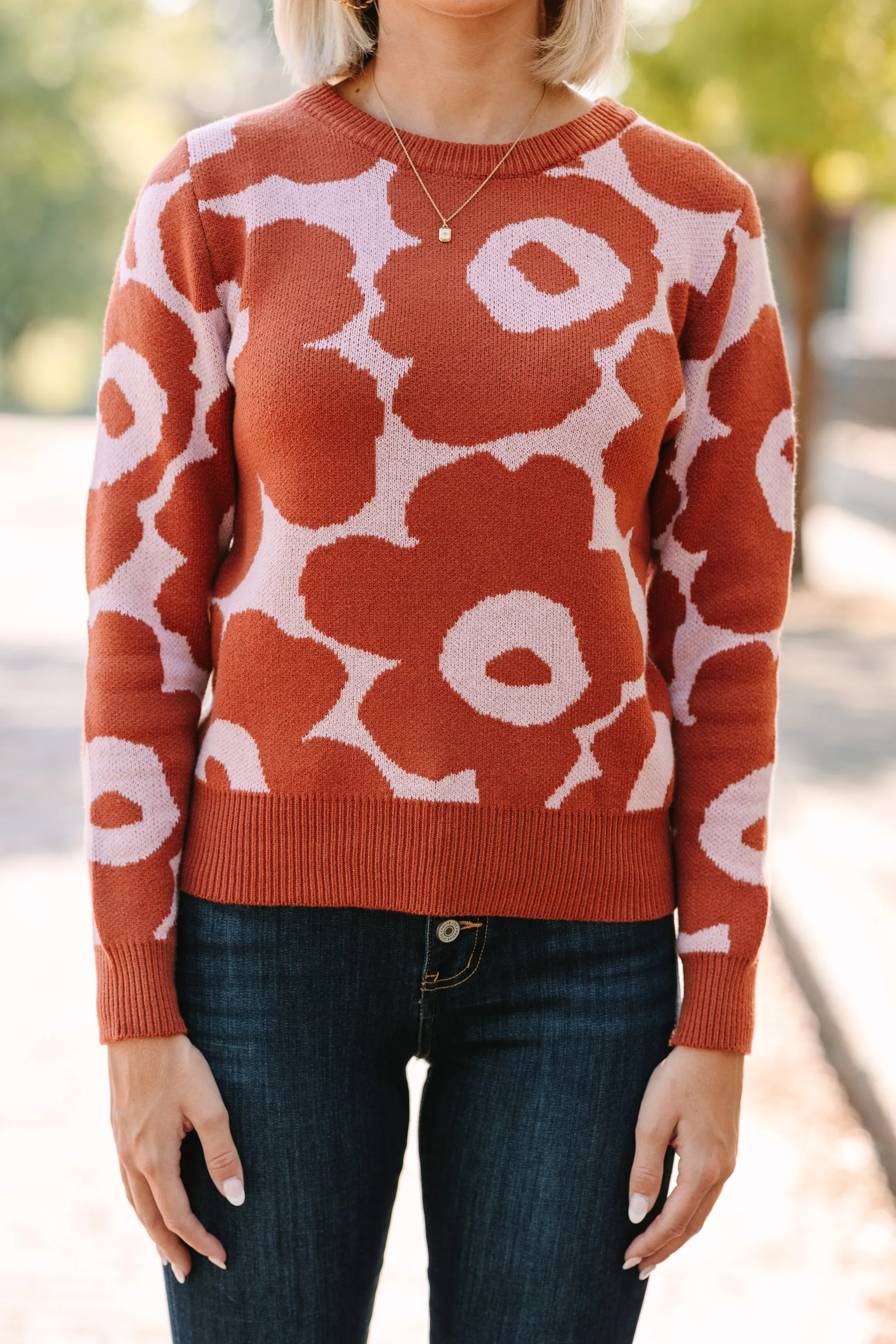 Stay Right There Brick Orange Floral Sweater