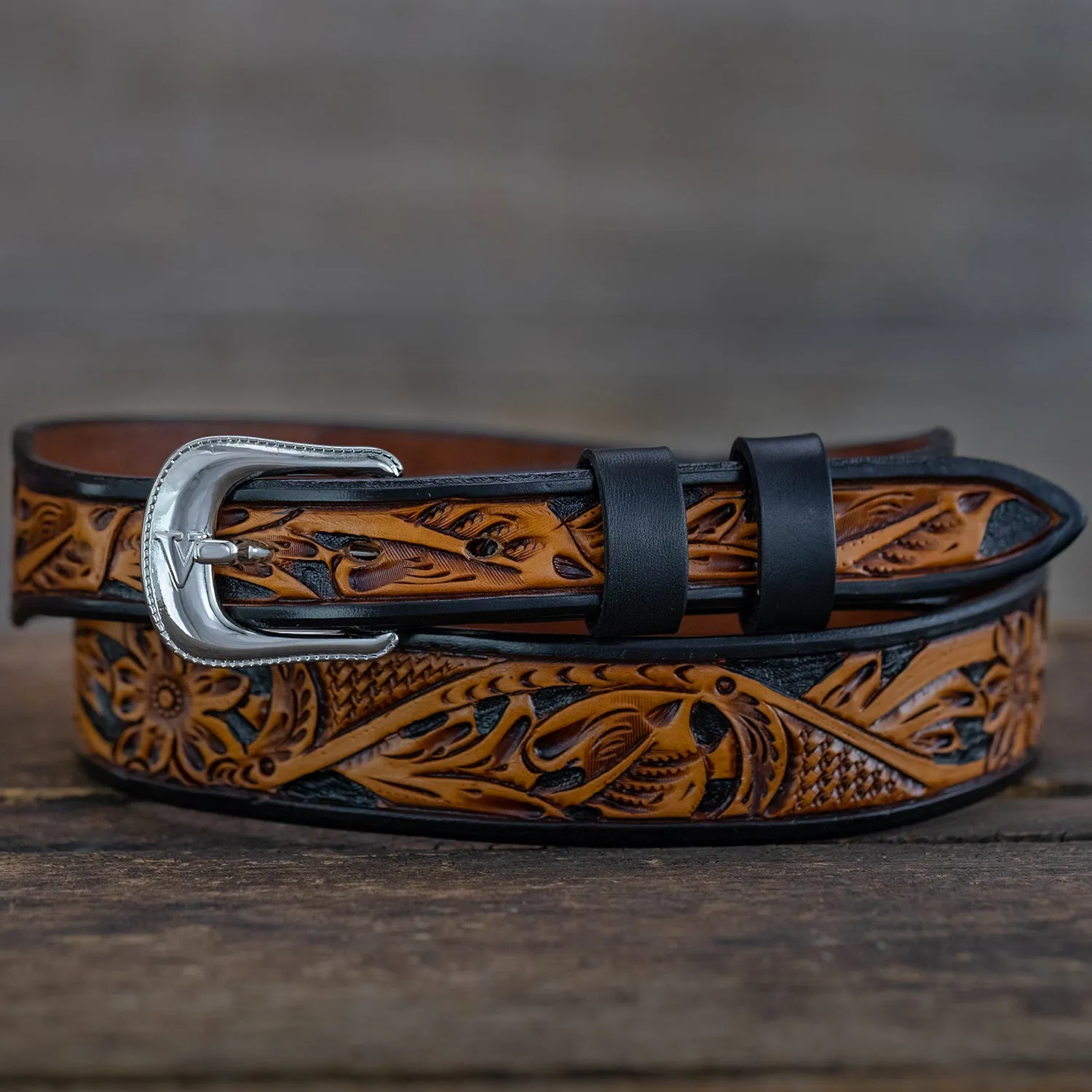 Two Tone Black Russet Floral Belt