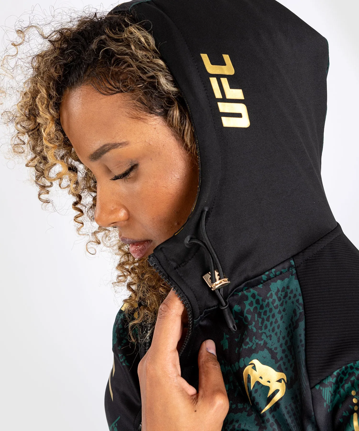 UFC Adrenaline by Venum Authentic Fight Night  Women’s Walkout Hoodie - Emerald Edition - Green/Black/Gold