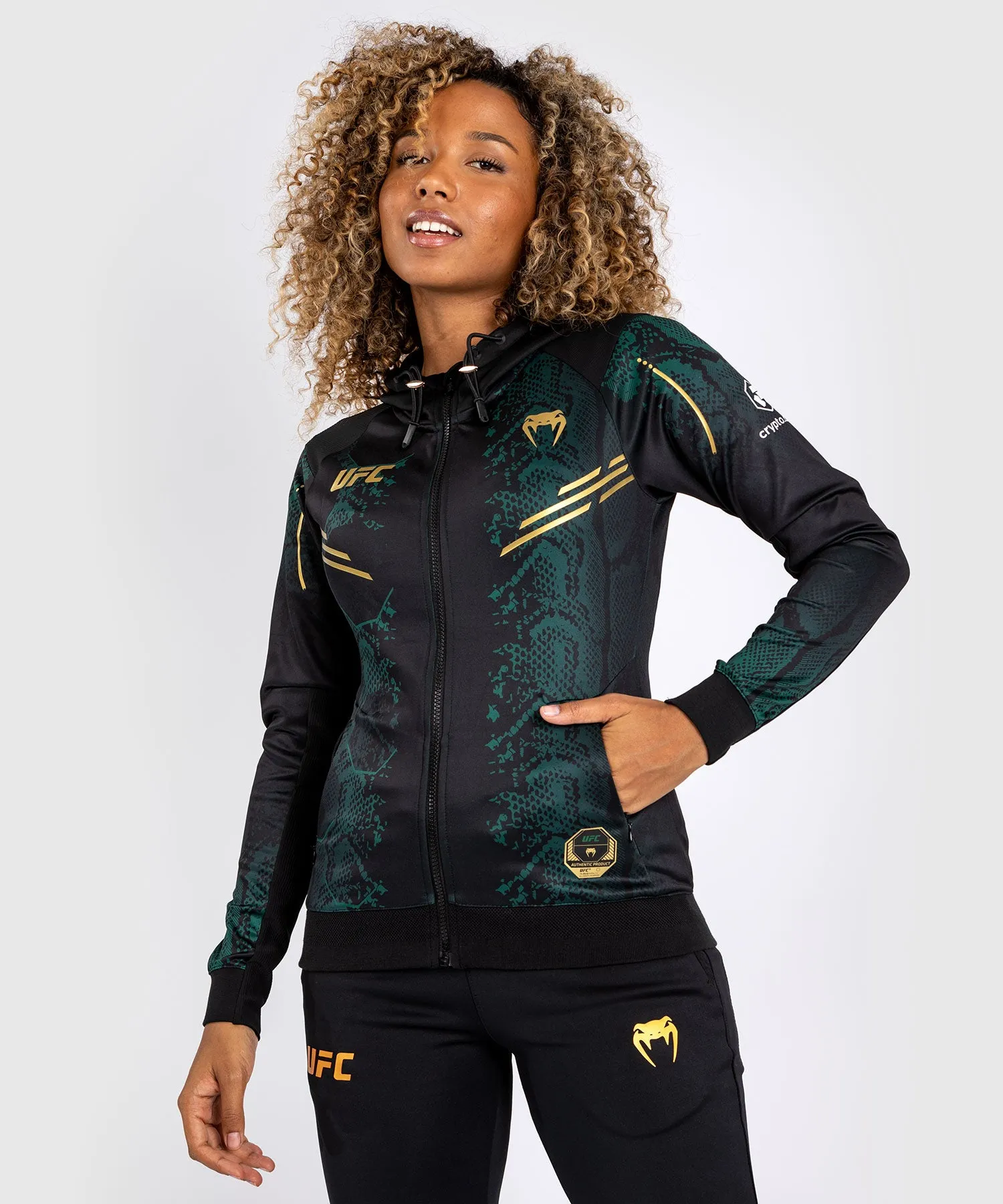 UFC Adrenaline by Venum Authentic Fight Night  Women’s Walkout Hoodie - Emerald Edition - Green/Black/Gold