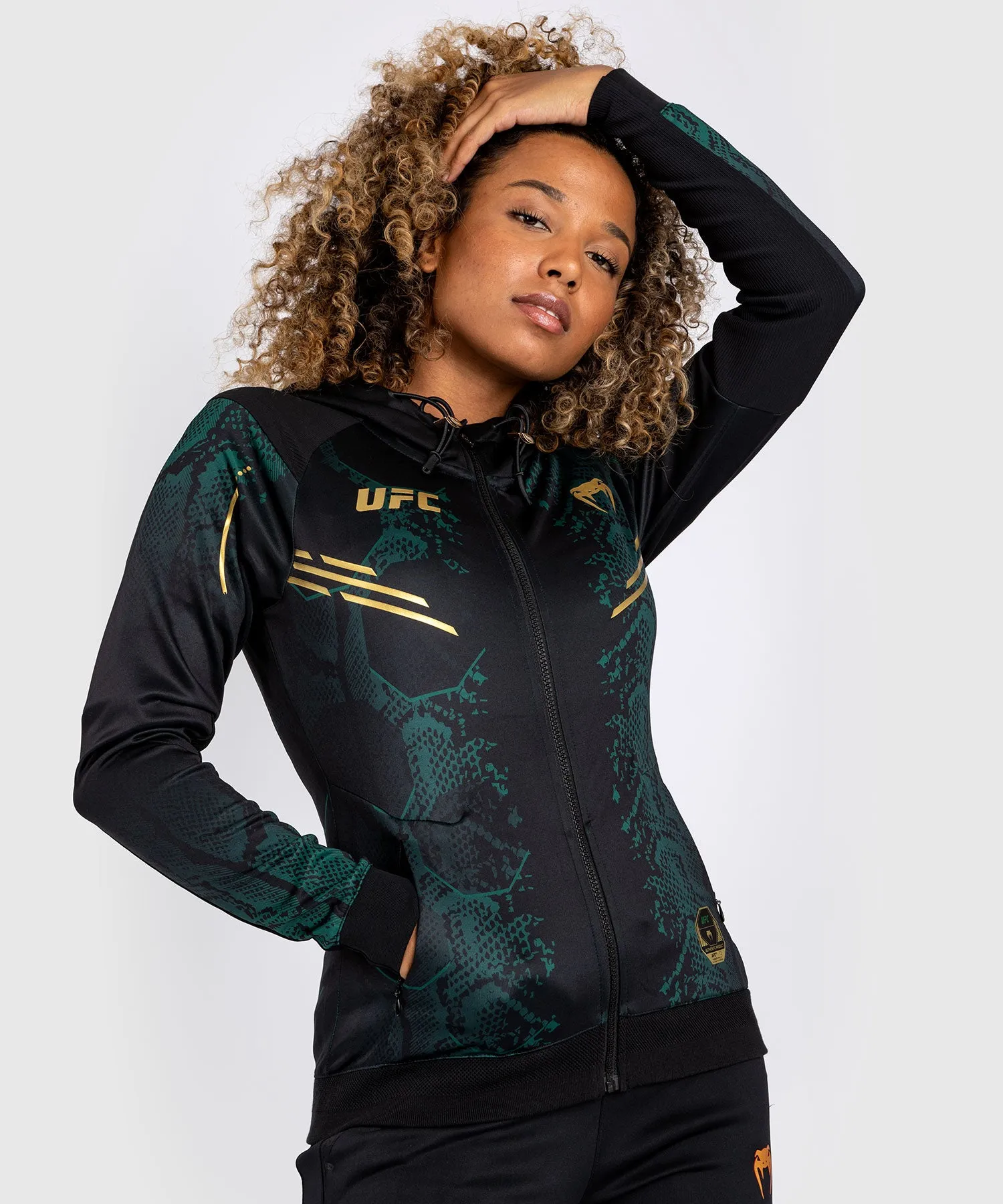 UFC Adrenaline by Venum Authentic Fight Night  Women’s Walkout Hoodie - Emerald Edition - Green/Black/Gold