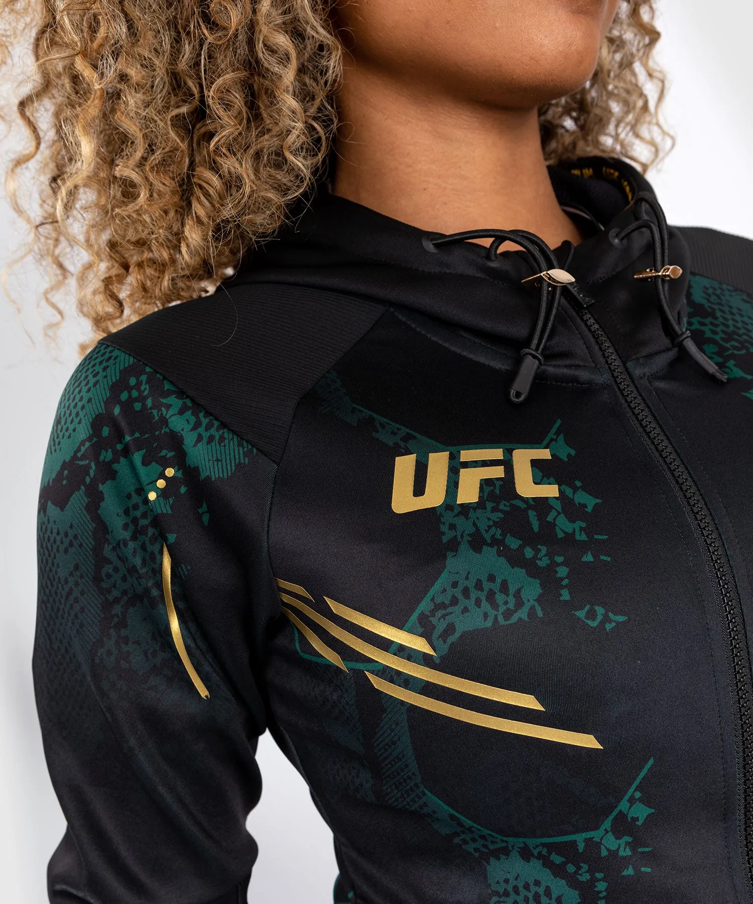 UFC Adrenaline by Venum Authentic Fight Night  Women’s Walkout Hoodie - Emerald Edition - Green/Black/Gold