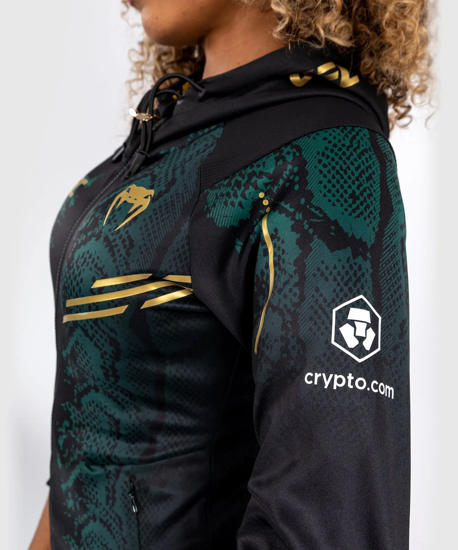 UFC Adrenaline by Venum Personalized Authentic Fight Night Women’s Walkout Hoodie  - Emerald Edition - Green/Black/Gold