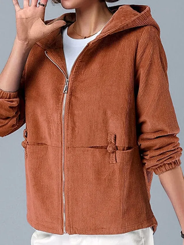 Women's Corduroy Hoodie Jacket with Chic Bowknot Detail