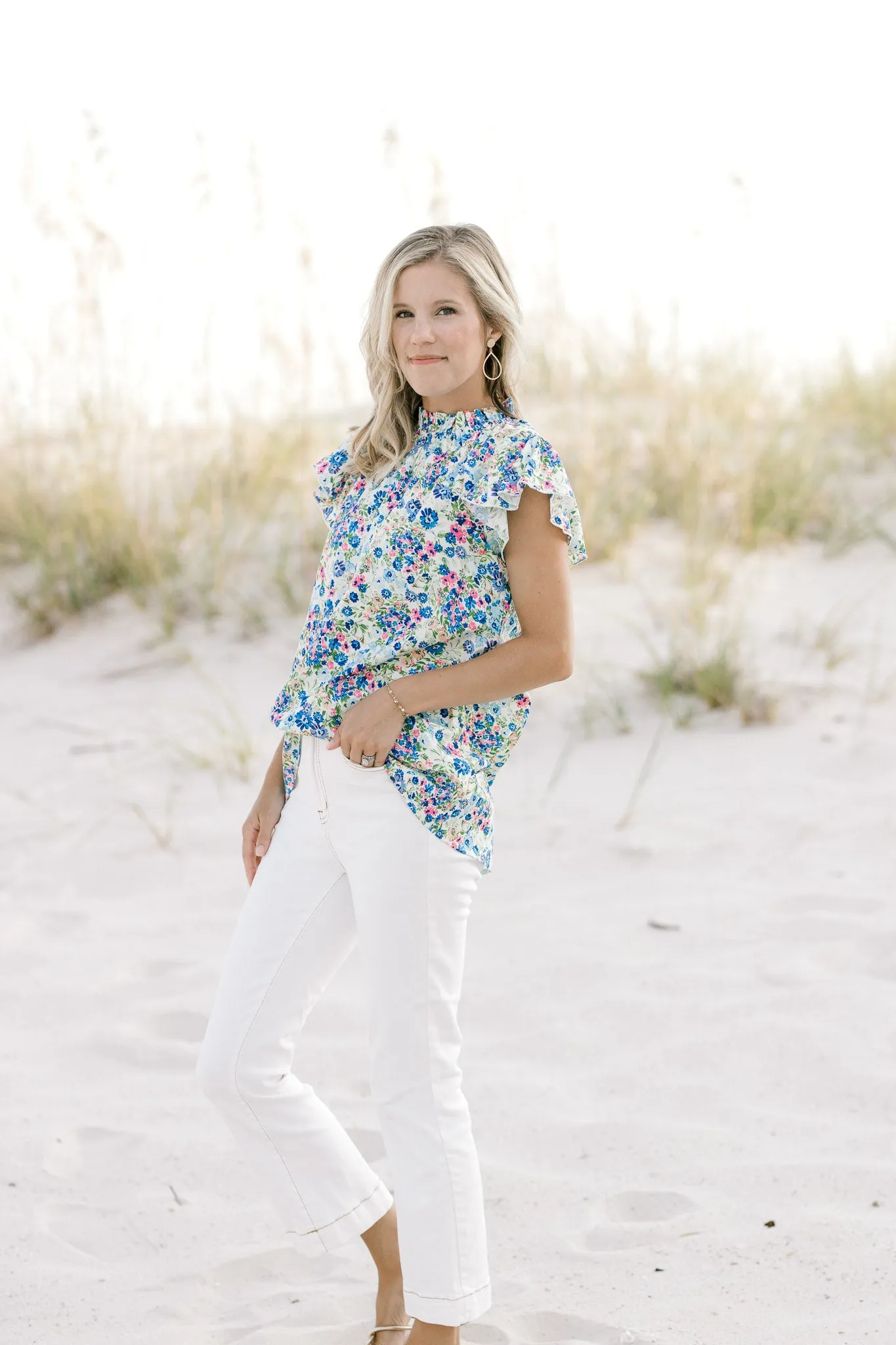 X Blue White Floral Top